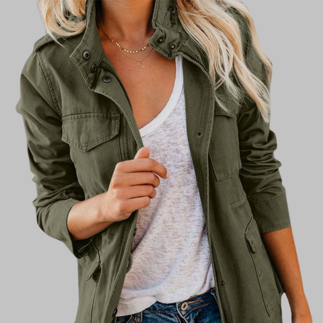 RHODA™ - Vintage Zip Up Button Military Jacket